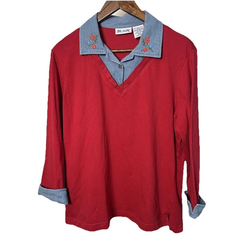 Vintage Blair Women Size Medium Embroidery Floral Collar Red Knit Shirt Academia